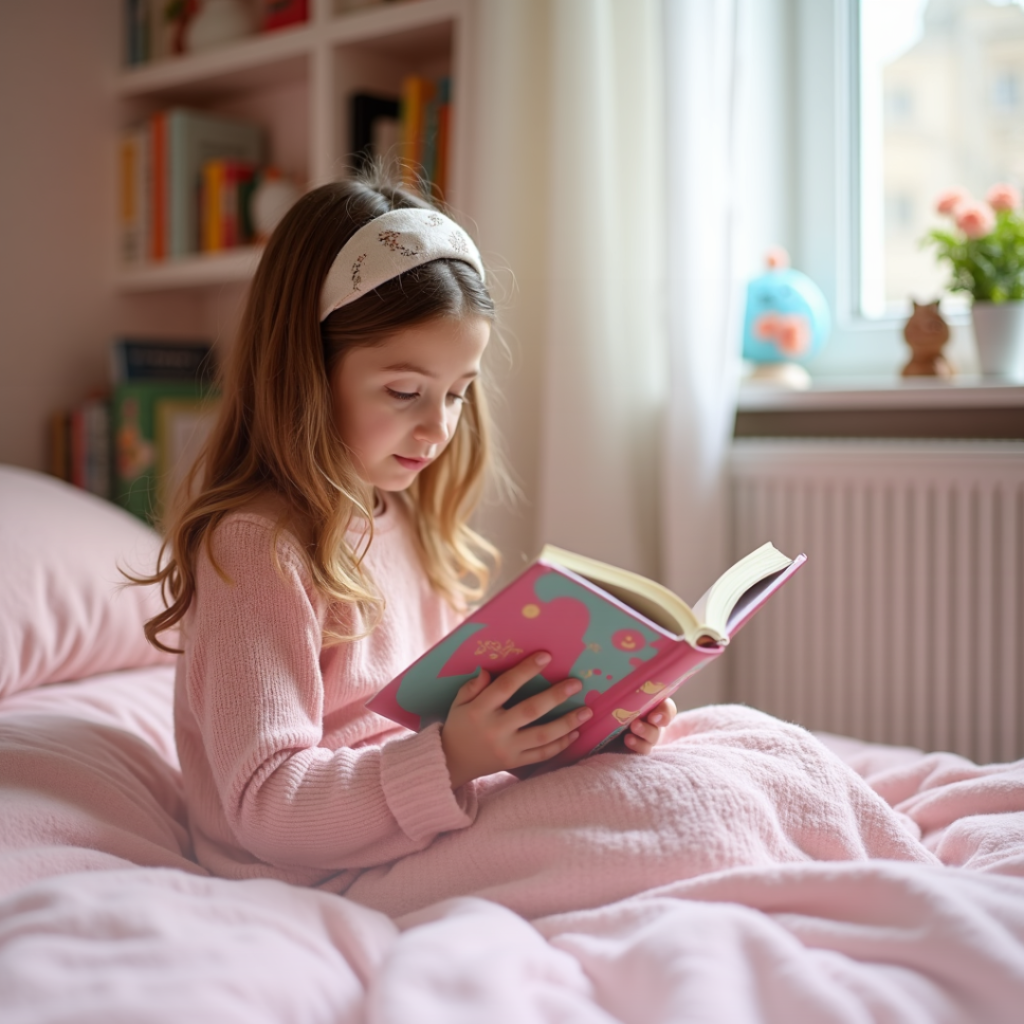 Fille qui lit une histoire personnalisée enfant sur mesure